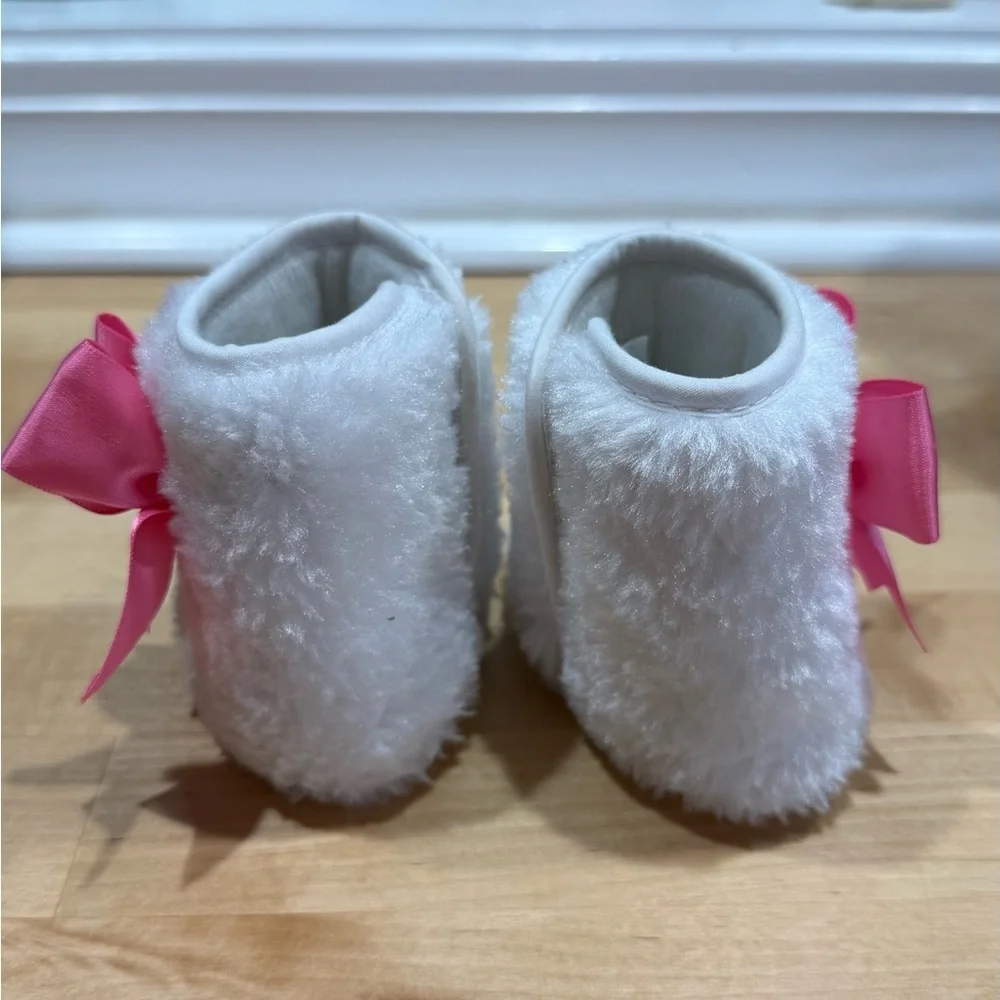 Fluffy White Baby Booties with Pink Bow